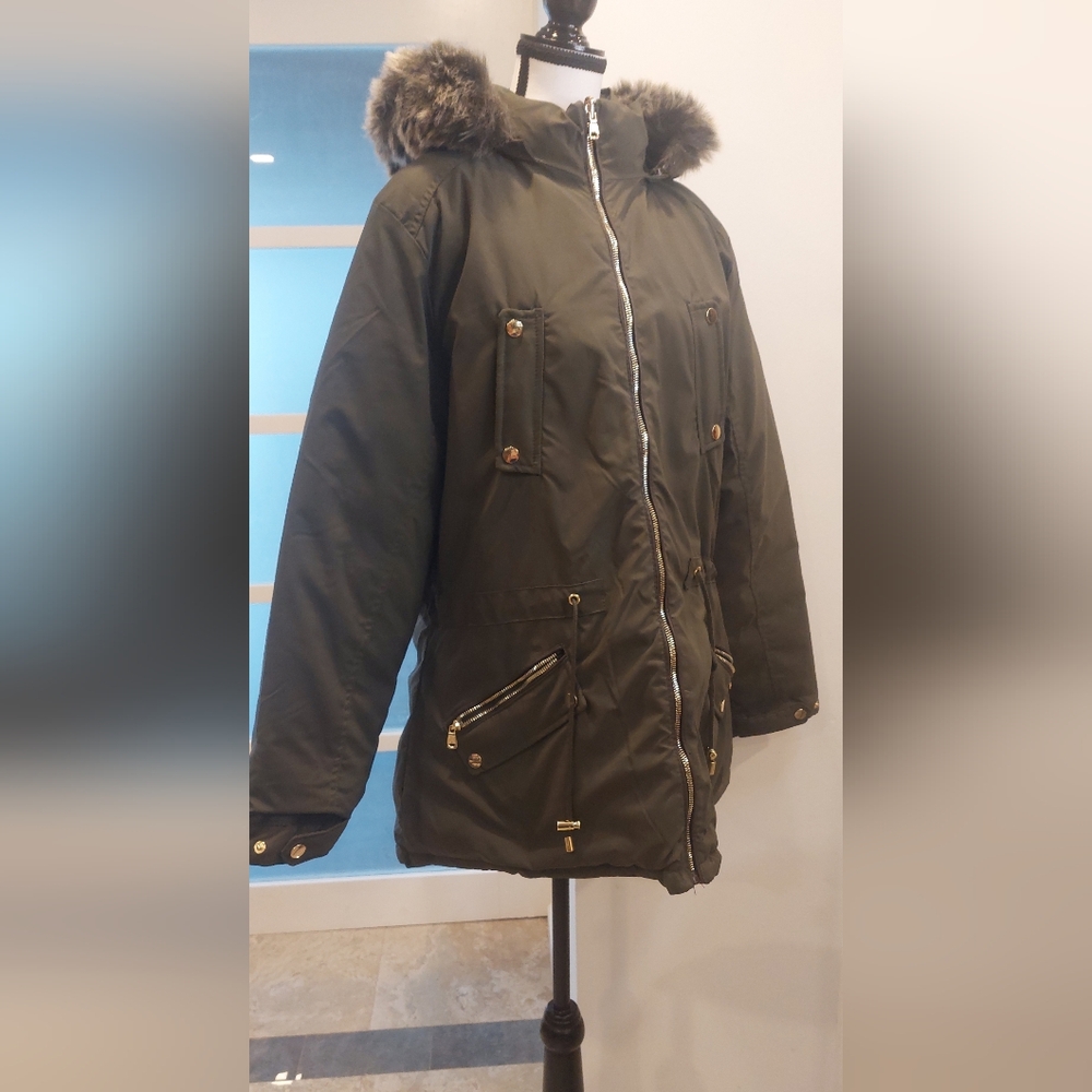 Olive Green Military Parka with Faux Fur Hood